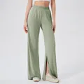 Women's light green high-waisted wide-leg yoga pants with side slits and elastic waist - S / Bean Green
