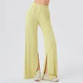 Women's high waist wide leg yoga pants in cream yellow with stylish side slit detail - Yellow