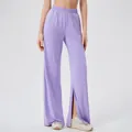 Women's light purple high waisted loose yoga pants with split hem and breathable fabric - Purple