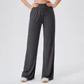 Women's dark grey high-waisted wide-leg yoga pants with pleated elastic waistband - Gray
