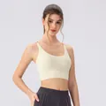 Beige and orange contrast strap sports bra for women with elastic supportive waistband - S / Tops / Light Apricot