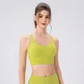 Lime green sports bra and high-waist yoga pants set with thin straps and U-neckline - S / Tops / Yellow-Green