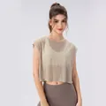 Women's summer cropped yoga tank top in beige hollow knit for fitness and running - S / Tops / Light Khaki