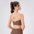 Dark brown sports bra with grey thin cross straps and racerback design for yoga - S / Tops / Hazelnut Brown