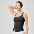 Schwarzes asymmetrisches Damen Yoga-Top mit integrierten Polstern und Seitenschlitz - S / Oberteile / Schwarz