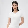 White slim fit yoga top with front zipper and short sleeves for sports and fitness - S / Tops / White