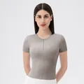 Slim fit grey yoga short sleeve top with front zipper and built-in pads for women - S / Tops / Tea Brown