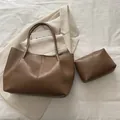 Brown faux leather tote bag and small pouch set with elegant pleated texture finish - Brown
