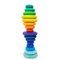 Rainbow wooden balancing blocks toy set with matte finish and 17 stacked pebble stones - Matsuki Daisōseki