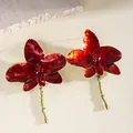 Elegant vintage red enamel flower stud earrings with rhinestone accents and green stems - Stud Earrings (HE33141) / Red