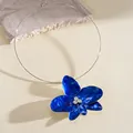 Vintage blue enamel flower choker necklace with sparkling crystals, elegant design - Choker (HN11956) / Dark Blue