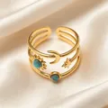 Verstelbare 18K vergulde ring met zon maan ster motieven en turquoise steentjes - Hemelse Drielagige Stijl (DZ-972) / Goud