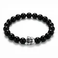Tiger eye and black agate beaded bracelet featuring a silver-colored Buddha head charm - Silver Skull Black Bead Style(KB67845-BD)