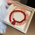 Double-layered beaded bracelet with red agate tones and gold metal spacers in a gift box - Bracelet - Gold - Red - Exquisite Gift Box