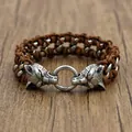 Vintage braided leather bracelet featuring detailed silver double wolf head metal clasp - Double Wolf Head Ring Dark Brown Style (KB42971-D)