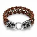 Retro brown braided leather bracelet with silver skull charms and metal ring clasp - Double Skull Brown Style (KB42972-D)