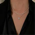 Double-layered silver necklace with sparkling tennis chain and polished heart pendant - Heart Rhinestone Tennis Chain Double Layer Necklace (0021) / Bright Silver