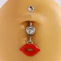Elegant surgical steel belly button ring featuring sexy red enamel lips pendant - Drip Oil Red Lips Pendant / Silver