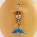 Silver-tone belly button piercing with blue enamel whale tail pendant and clear gemstone - Drip Oil Fish Tail Pendant / Blue