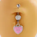 Belly button ring featuring a silver-toned barbell with pink enamel heart and 'Love' text - Drip Oil Heart Pendant (Love) / Pink