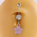 Elegant silver belly ring with a pink enamel cherry blossom charm and sparkling crystal - Drip Oil Cherry Blossom Pendant / Pink