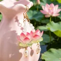 Calla lily enamel earrings with pink gradient petals and white drop pearls - Pink White Gradient Lotus Pearl Style (A-767)