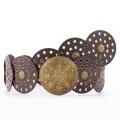 Bohemian wide brown leather belt with vintage metal mandala discs and eyelet details - 110cm / Dark Coffee