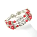 Bracciale bohémien multistrato con perline rosse ciondoli in lega traforata e catena regolabile - Rosso