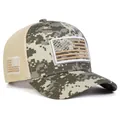 Macro shot of digital camo baseball cap featuring breathable mesh and US flag velcro patches - Adjustable / Green Khaki