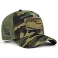 Detail of tactical camo baseball cap with US flag velcro patch and mesh back - Adjustable / Camouflage