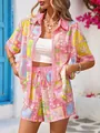 Close-up of printed summer set featuring tropical patterns on shirt and drawstring shorts - XS / Top And Bottom / Pink Tropical Ocean Style (HA-DXCSTZ-015)