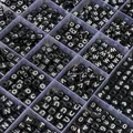 DIY black square alphabet beads set with white A-Z letters and heart icons in 28 grid box - Black & White
