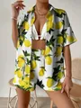 Detail of summer three-piece set featuring fresh lemon print shirt and matching shorts - XS / Top And Bottom / White Base Lemon Style (HA-DXCSTZ-018)