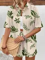 Detail of summer two-piece set featuring leaf print button-up shirt and shorts - XS / Top And Bottom / Beige Big Leaf Style (HA-DXCSTZ-019)