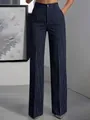 Women's high waist navy pinstripe wide leg trousers with professional tailored silhouette - XS / Dark Blue