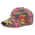 Adjustable baseball cap featuring a multi-color red, yellow, green and black camouflage pattern - One Size / Yellow Rose Red Camouflage