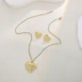 Golden heart jewelry set with textured pendant necklace and matching stud earrings - 3D Wrinkled Heart Style (E5734-1)