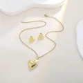 Polished gold heart jewelry set featuring a necklace and stud earrings in a luxury finish - Mirror 3D Heart Style (E6086-3)