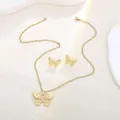 Golden butterfly jewelry set with textured wing necklace and stud earrings on stone - Delicate Textured Butterfly Style (E6818)