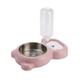 Pink bear-shaped double pet bowl with stainless steel feeder and automatic water bottle - Bag Packaging / Pink