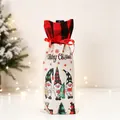 Close-up of burlap Christmas wine gift bag with gnomes and Merry Christmas text - Plaid Hat Gnome Style