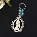 Baptism angel keychain with light blue beads and wooden laser cut prayer pendant - Angel Boy Blue
