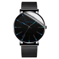 Minimalist black stainless steel quartz watch with blue hands and milanese mesh band - Blue Hands Black Case Black Mesh Band