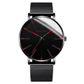 Fashionable black Milanese mesh watch for men featuring bold red hour markers and hands - Red Hands Black Case Black Mesh Band