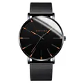 Minimalist black quartz watch with orange hour markers and black mesh steel band - Rose Gold Hands Black Case Black Mesh Band