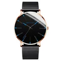 Minimalist quartz watch with rose gold case, blue hands and black mesh stainless steel band - Blue Hands Rose Gold Case Black Mesh Band