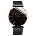 Minimalist quartz men's watch with black dial, rose gold markers and mesh steel strap - Rose Gold Hands Rose Gold Case Black Mesh Band