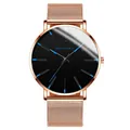 Minimalist watch with rose gold mesh strap, black dial, and blue hands by MONYORN - Blue Hands Rose Gold Case Rose Gold Mesh Band
