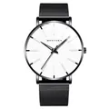 Minimalist quartz watch with white dial and black Milanese mesh metal strap - White Dial Black Case Black Mesh Band