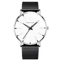 Minimalist silver quartz watch with white dial and black Milanese mesh strap - White Dial Silver Case Black Mesh Band